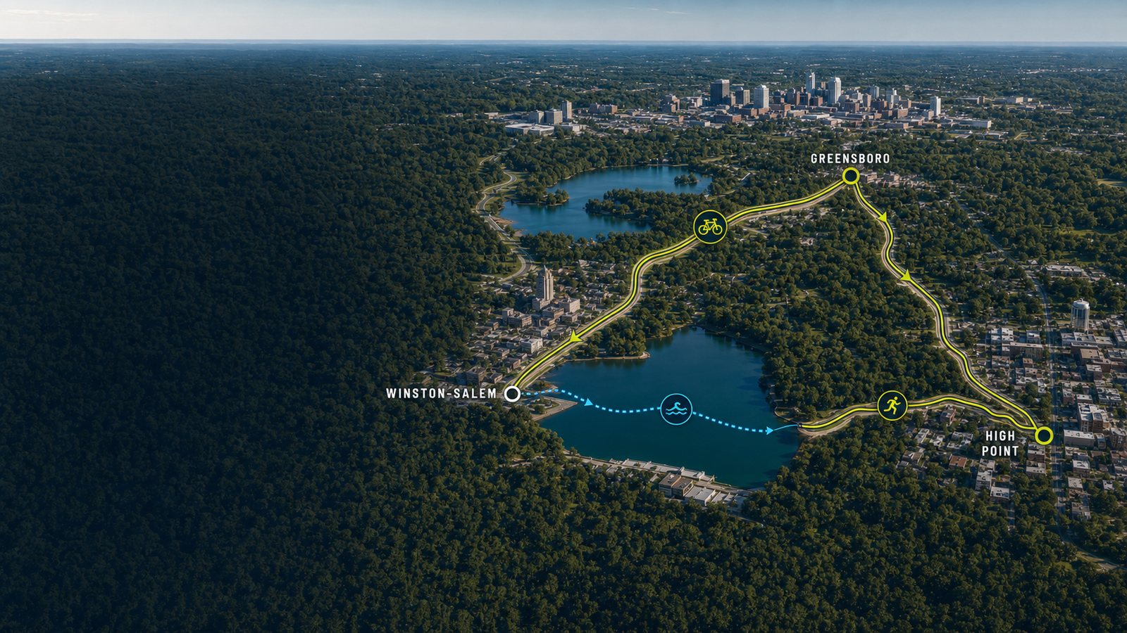 Conceptual aerial view of the North Carolina Piedmont Triad with Greensboro, Winston-Salem, and High Point connected by swim, bike, and run routes