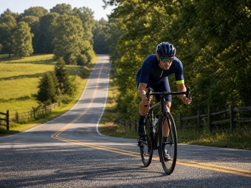 Road cyclist climbing a rolling tree-lined road in the North Carolina Piedmont