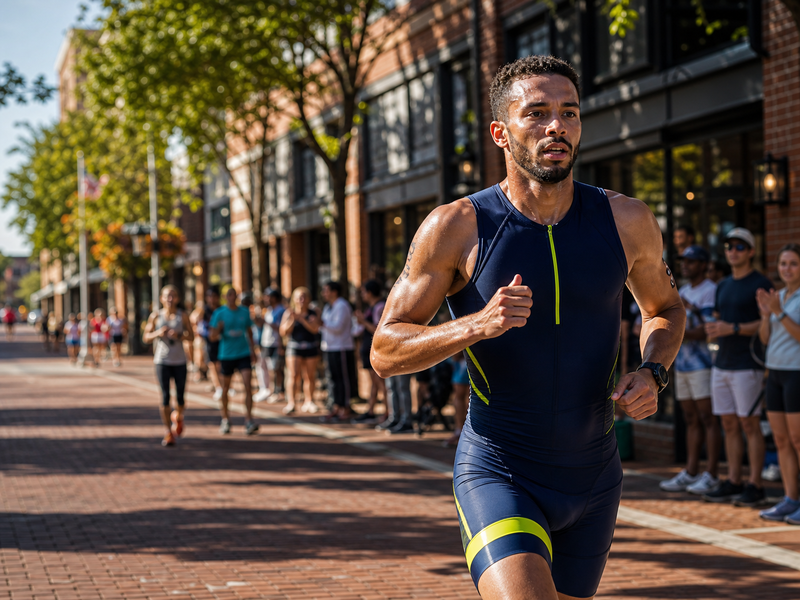 Triathlete running through a brick urban corridor with local spectators